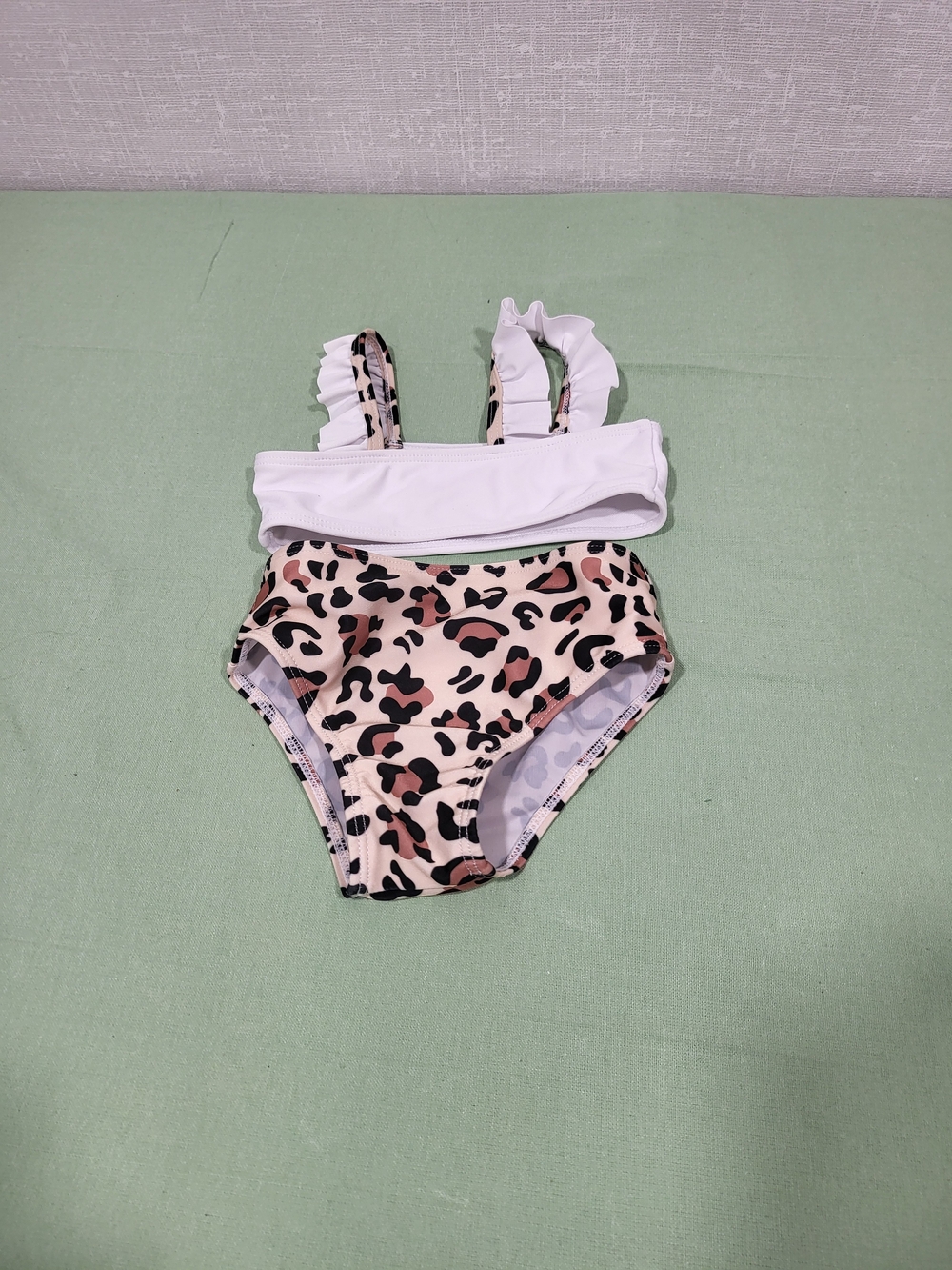 SHEIN White Ruffle Top with Pink and Black Leopard Print Bottom Kids Bikini